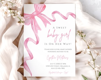 Pink Bow Baby Shower Invitation Template, Pink Ribbon Baby Shower, Coquette Baby Shower, Minimalist Baby Shower, EDITABLE TEMPLATE