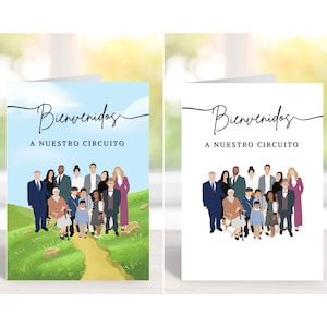 Könnte beinhalten: Zwei Grußkarten mit dem Text "Bienvenidos A Nuestro Circuito" und einer Familienillustration. Eine Karte hat einen blauen Himmelshintergrund und einen Pfad, die andere einen weißen Hintergrund.