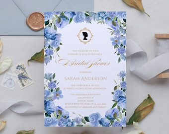Blue Floral Tea Party Bridal Shower Invitation TEMPLATE, Victorian Regency Bridal Shower Invitation, Bridal Brunch Tea Party Invite