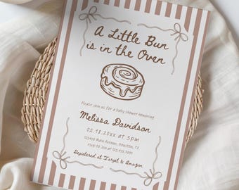Bun in the Oven Baby Shower Invitation, Editable Hand Drawn Invite, Whimsical Gender Neutral Baby Shower, Coquette Bow Aesthetic, Beige