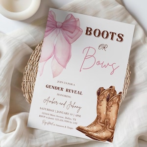 Könnte beinhalten: Eine Gender-Reveal-Einladung mit dem Text "BOOTS OR BOWS". Die Einladung zeigt eine rosa Aquarellschleife und Cowboy-Stiefel. Die Einladung ist für Amber und Johnnys Gender-Reveal-Party am 10. Januar.