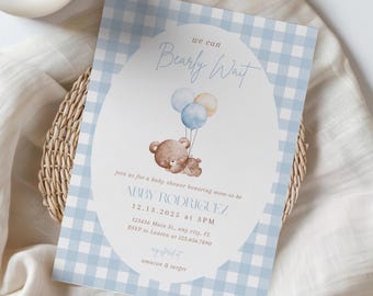 We Can Bearly Wait Baby Shower Invite, Boho Teddy Bear Invitation, Minimalist Baby Shower Invite Bear Baby Sprinkle Baby Shower Gingham Blue