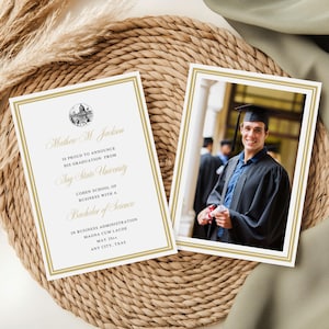 Ankündigung des Universitätsabschlusses, Ankündigung des Bachelor- / Master-Abschlusses, doppelseitig mit Bild, elegante, bearbeitbare VORLAGE