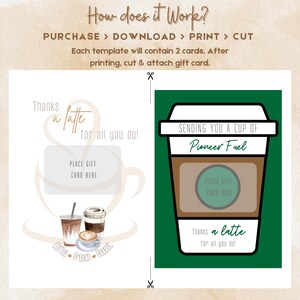 May include: Two printable gift card templates featuring coffee cups. The first card says "Thanks a latte for all you do!" and the second card says "Sending you a cup of Pioneer Fuel. Thanks a latte for all you do!"