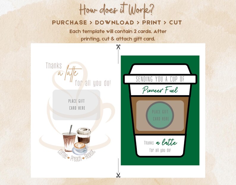 May include: Two printable gift card templates featuring coffee cups. The first card says "Thanks a latte for all you do!" and the second card says "Sending you a cup of Pioneer Fuel. Thanks a latte for all you do!"