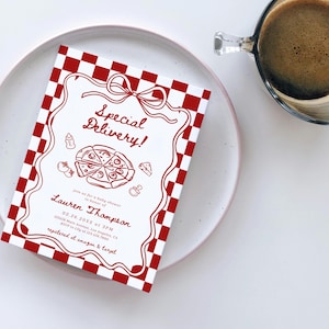 May include: A baby shower invitation with a red and white checkered border and the words "Special Delivery!" in a script font. The invitation includes a pizza graphic and details for Lauren Thompson's baby shower.