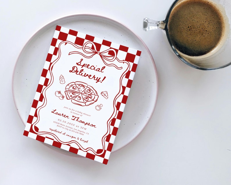 May include: A baby shower invitation with a red and white checkered border and the words "Special Delivery!" in a script font. The invitation includes a pizza graphic and details for Lauren Thompson's baby shower.