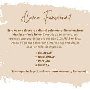 May include: A digital download instruction guide with a tan background and brown text. The text explains how to download and print digital files purchased on Etsy. The text includes the steps: 1. Buy, 2. Download, 3. Print, 4. Cut. The text also states that the purchase includes 2 files.