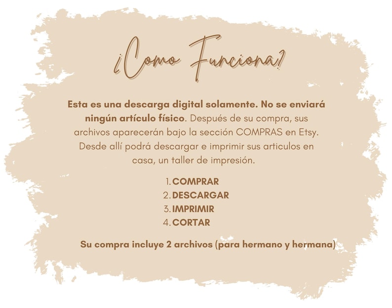 May include: A digital download instruction guide with a tan background and brown text. The text explains how to download and print digital files purchased on Etsy. The text includes the steps: 1. Buy, 2. Download, 3. Print, 4. Cut. The text also states that the purchase includes 2 files.