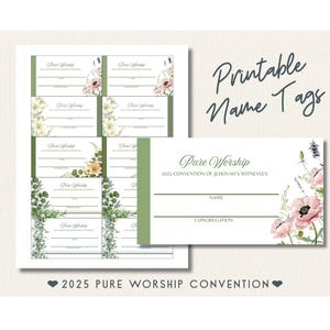 Naamkaartjes JW 2025-conventie, badges pure aanbidding, naamkaartjes conventie, badges regionale conventie, naambadges volwassenen/kinderen, AFDRUKBAAR BESTAND