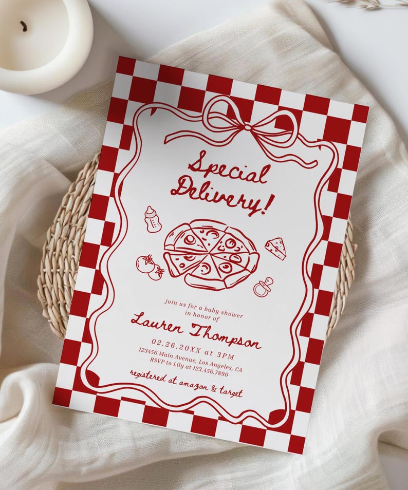 May include: Baby shower invitation with a red and white checkered border. The invitation features the text "Special Delivery!" and illustrations of pizza, a baby bottle, and other baby-related items. The invitation includes the name Lauren Thompson, date, time, and location.