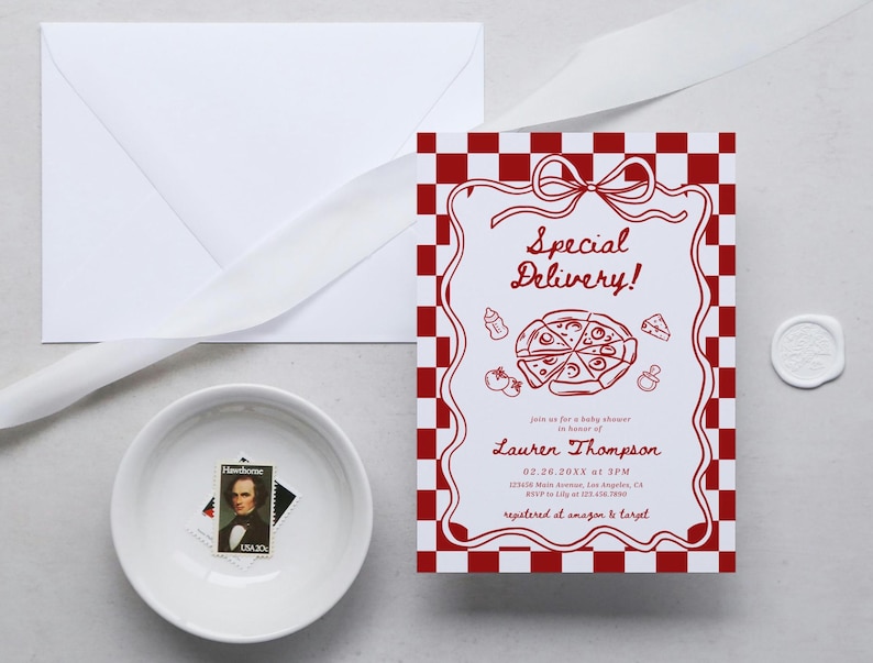May include: A baby shower invitation with a pizza theme. The invitation features a red and white checkered border and the words "Special Delivery!" in red script. A white envelope, ribbon, and a bowl with a stamp are also in the image.