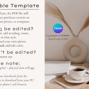 May include: A digital template advertisement with text describing editable features like text, photos, and background. A laptop, coffee cup, and decorative vase are on a desk. The Canva logo is visible.
