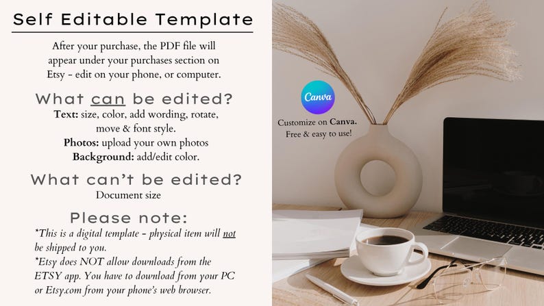 May include: A digital template advertisement with text describing editable features like text, photos, and background. A laptop, coffee cup, and decorative vase are on a desk. The Canva logo is visible.