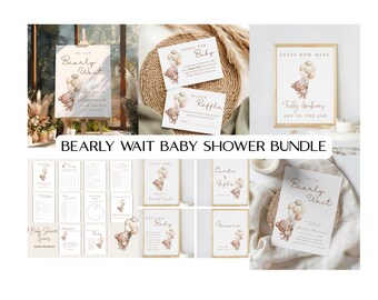 We Can Bearly Wait babyshowerbundel, genderneutrale teddybeer babyshowerbundel, minimale boho teddybeer babybundel uitnodigingsset