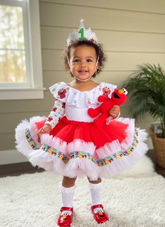 open lace back dress Elmo tutu set-Girly Elmo tutu set-Girl Elmo outfit-Elmo ribbon trim set main image 0