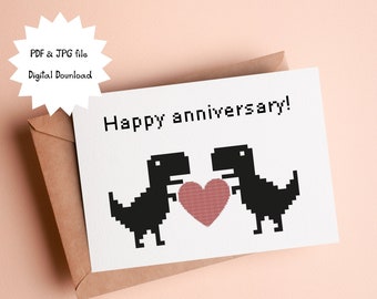 Pixel art,cute dinosaur-Happy anniversary card-printable greeting card