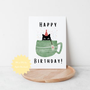 Cartes d'anniversaire imprimables chat noir, tasse verte aquarelle, cadeau pour amoureux des chats, fichiers JPG, PNG, PDF à téléchargement immédiat, carte de dernière minute à imprimer à la maison