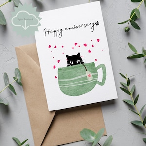 Afdrukbare jubileumkaarten – zwarte kat in aquarelmok – schattige digitale download liefdeskaart voor kattenliefhebbers, gezellige romantische kaart, direct cadeau