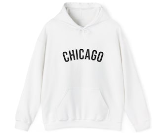 May include: White hooded sweatshirt with a black "CHICAGO" graphic on the front.