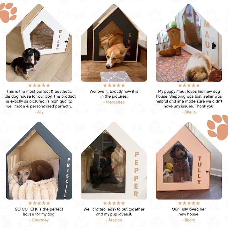 May include: A collage of six dog houses in a house shape, each with a dog inside. The houses are white, black, gray, and pink, with the dogs' names on the front. The houses have a modern design.