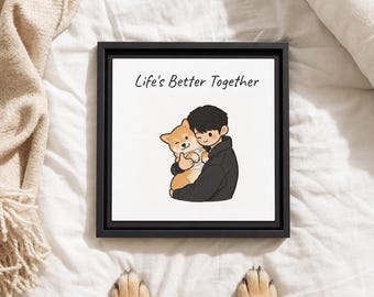 Custom Cartoon Pet & Owner Portrait, Personalized Dog Canvas, Framed Family Pet Illustration, Dog Mom Gift