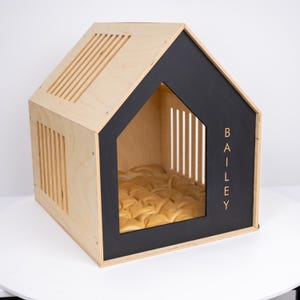 Custom Named Dog Bed, Personalized Puppy House with Pillow, Wooden Indoor Pet Crate Furniture image 19