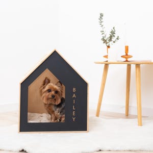 Custom Named Dog Bed, Personalized Puppy House with Pillow, Wooden Indoor Pet Crate Furniture image 18
