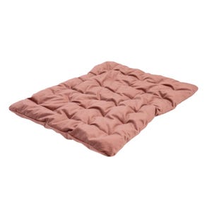 May include: A dusty rose, quilted pet bed. The rectangular bed has a tufted design, with evenly spaced, square-shaped indentations across the surface. The bed is made of a soft, plush material, and is designed for comfort.