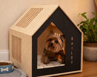 Houten huisdierbed voor binnen, op maat gemaakte hondenbench, handgemaakt puppyhok met deur, luxe hondenmeubels, cadeau voor hondenbezitter