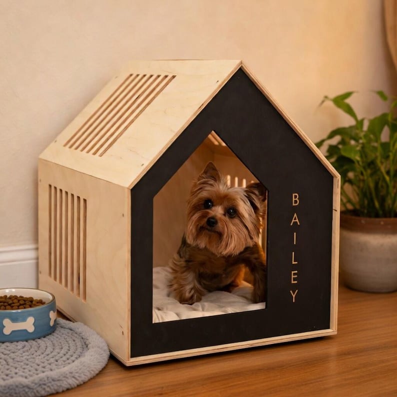 Custom Named Dog Bed, Personalized Puppy House with Pillow, Wooden Indoor Pet Crate Furniture image 2