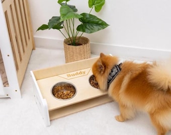 Modern Dog Feeding Station, Personalized Pet Furniture, Elevetad Bowl Holder with Name, Gift for Puppy