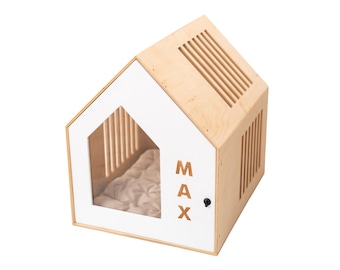 Wooden Dog House, Puppy Bed with Acrylic Door, Personalized Large Dog Crate