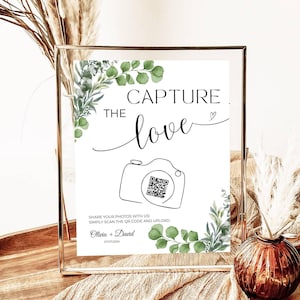Greenery Capture The Love QR Code Sign- Eucalyptus Wedding Photo Sharing, Printable Bridal Guest Book, Editable Canva Template Download