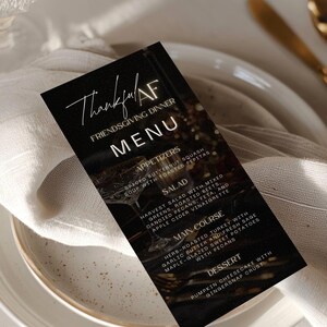 Friendsgiving Thankful AF Menu: Editable Thanksgiving Dinner Party Food Card, Printable Fall Table Decor, Canva Template (Digital Download)