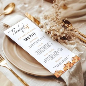Friendsgiving Thankful AF Menu: Editable Thanksgiving Dinner Party Food Card, Printable Fall Table Decor, Canva Template (Digital Download)