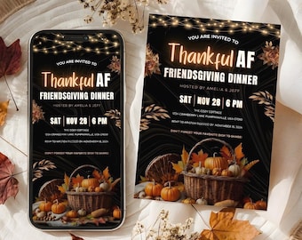 Editable Friendsgiving Potluck Invitation- Printable Thanksgiving Dinner Party Invite, Thankful AF Phone Canva Template (Digital Download)