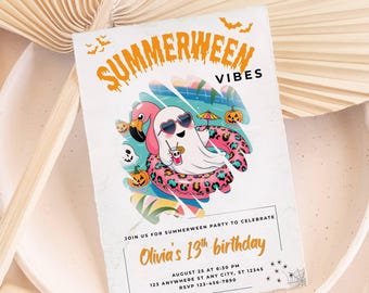 Invitación de cumpleaños de Summerween: invitación editable para fiesta de Halloween en la piscina, tarjeta imprimible de fantasmas espeluznantes, plantilla Canva para descargar