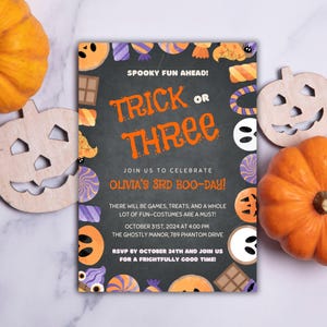Modèle d'invitation 3e anniversaire pour Halloween - 3e anniversaire d'Halloween modifiable, carte d'enfant fantôme effrayant à imprimer, téléchargement immédiat