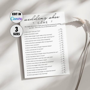 Hochzeitsschuh-Spiel - Bearbeitbare Brautdusche paar Fragen, druckbare minimalistische Verlobungsfeier Aktivität Quiz, seine oder ihre Trivia-Vorlage