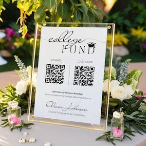 College Fund Sign Template - Bearbeitbarer Venmo QR-Code, moderne druckbare Abschlussersparnis-Spendenkarte, High School Grad Party Decor Geschenk