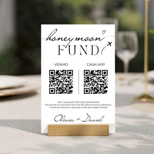Szablon znaku funduszu na miesiąc miodowy — edytowalny kod QR Venmo, minimalistyczny drukowany znak ślubny, nowoczesny niestandardowy znak stołu ślubnego do natychmiastowego pobrania A2
