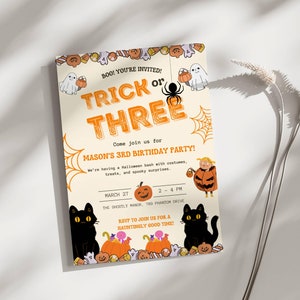 Trick oder drei Geburtstagseinladung, bearbeitbare Halloween-Party einladen, druckbare gruselige Geisterkarte, Canva-Vorlage, sofortiger Download