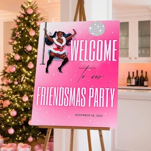 Letrero de bienvenida para fiesta de Friendsmas: divertido tablero de bienvenida navideño, póster de decoración navideña para la noche de chicas adultas, plantilla imprimible de Pinkmas