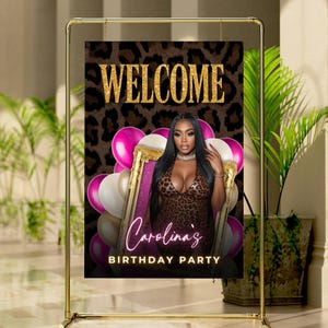 Cheetah Print Birthday Welcome Sign with Photo- Editable Leopard Pink Party Decor, Girls Night Backdrop Poster, Printable Canva Template