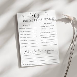 Modello di scheda con previsioni e consigli per il bambino - Gioco minimalista per baby shower stampabile, consigli e auguri modificabili per i futuri genitori, scarica S1