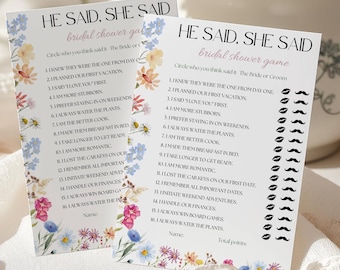 Juego de despedida de soltera "Él dijo, ella dijo": actividad editable de adivinanzas para bodas, plantilla de Canva para preguntas y respuestas sobre novios con temática floral, descarga digital.
