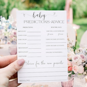 Modèle de carte prédictions et conseils pour bébé - jeu de baby shower minimaliste imprimable, conseils et souhaits modifiables pour les futurs parents, téléchargement S1
