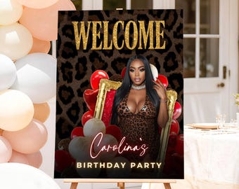 Letrero de bienvenida de cumpleaños con estampado de guepardo y foto - Decoración editable para fiestas con estampado de leopardo rojo, póster para noche de chicas, plantilla de Canva (descarga digital)