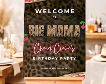 Big Mama Cheetah Print Birthday Welcome Sign- Editable Leopard Red Cherry Poster, Girls Night Party Decor, Canva Template (Digital Download)